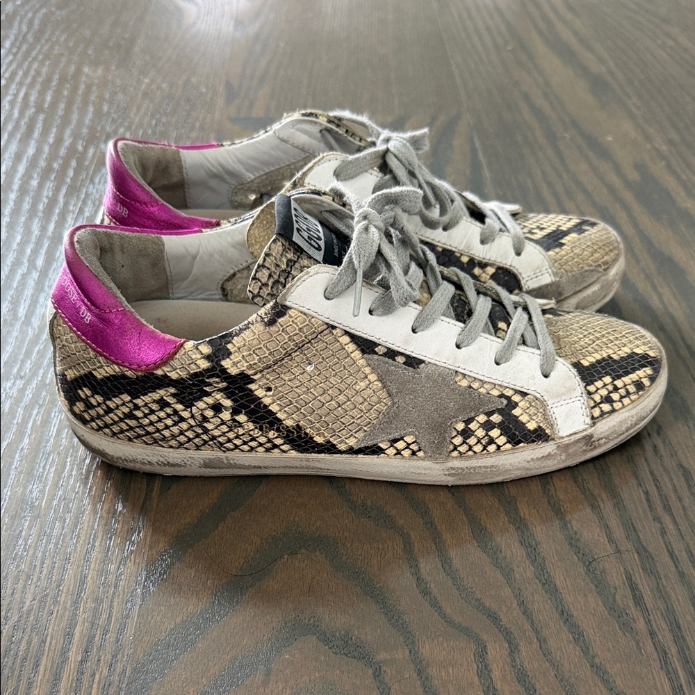 Golden Goose Superstar Snakeskin Sneakers with Metallic Pink Accents Size 38
